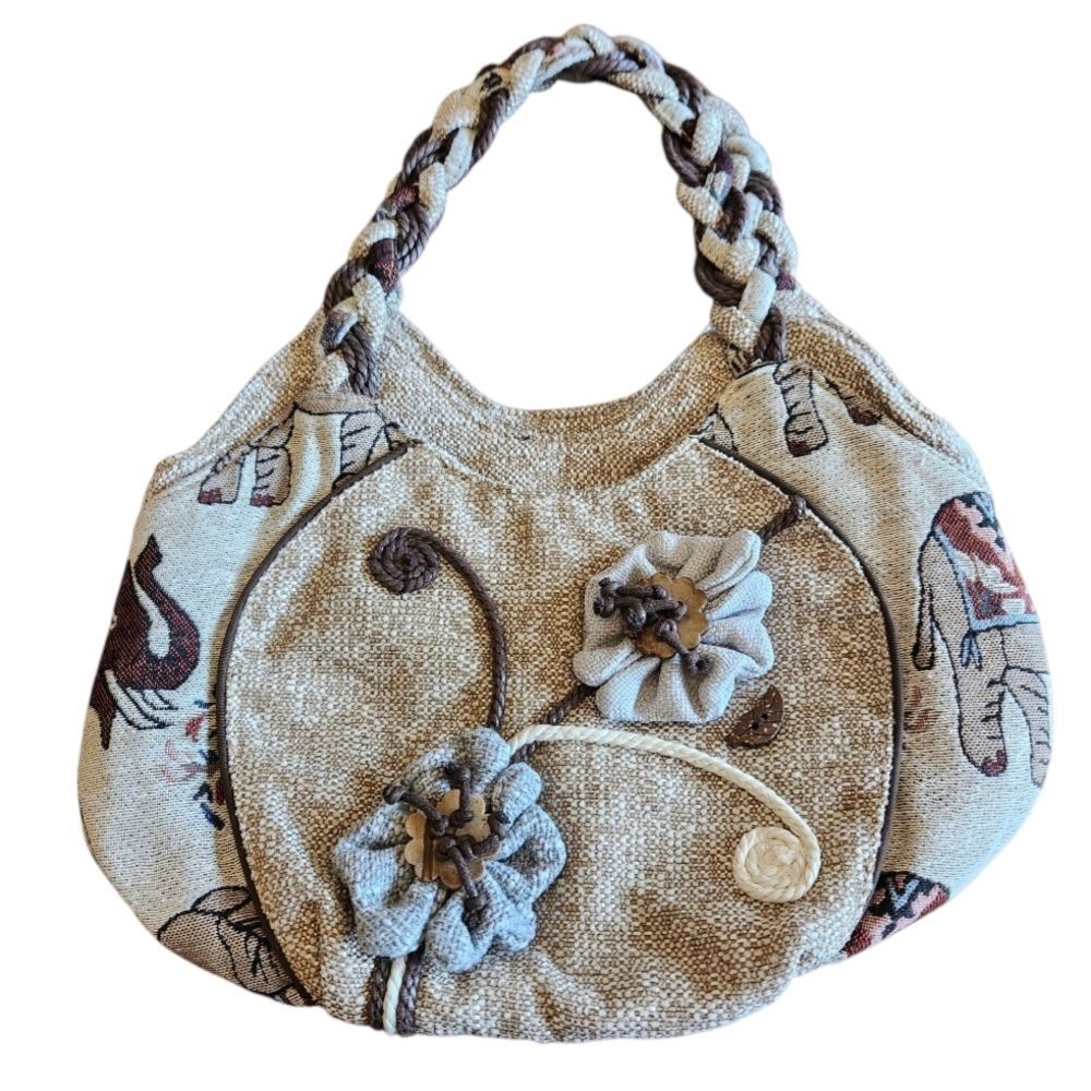 Handmade Tan & Brown Hobo Shoulder Bag Braided Handle Elephant Embroidery